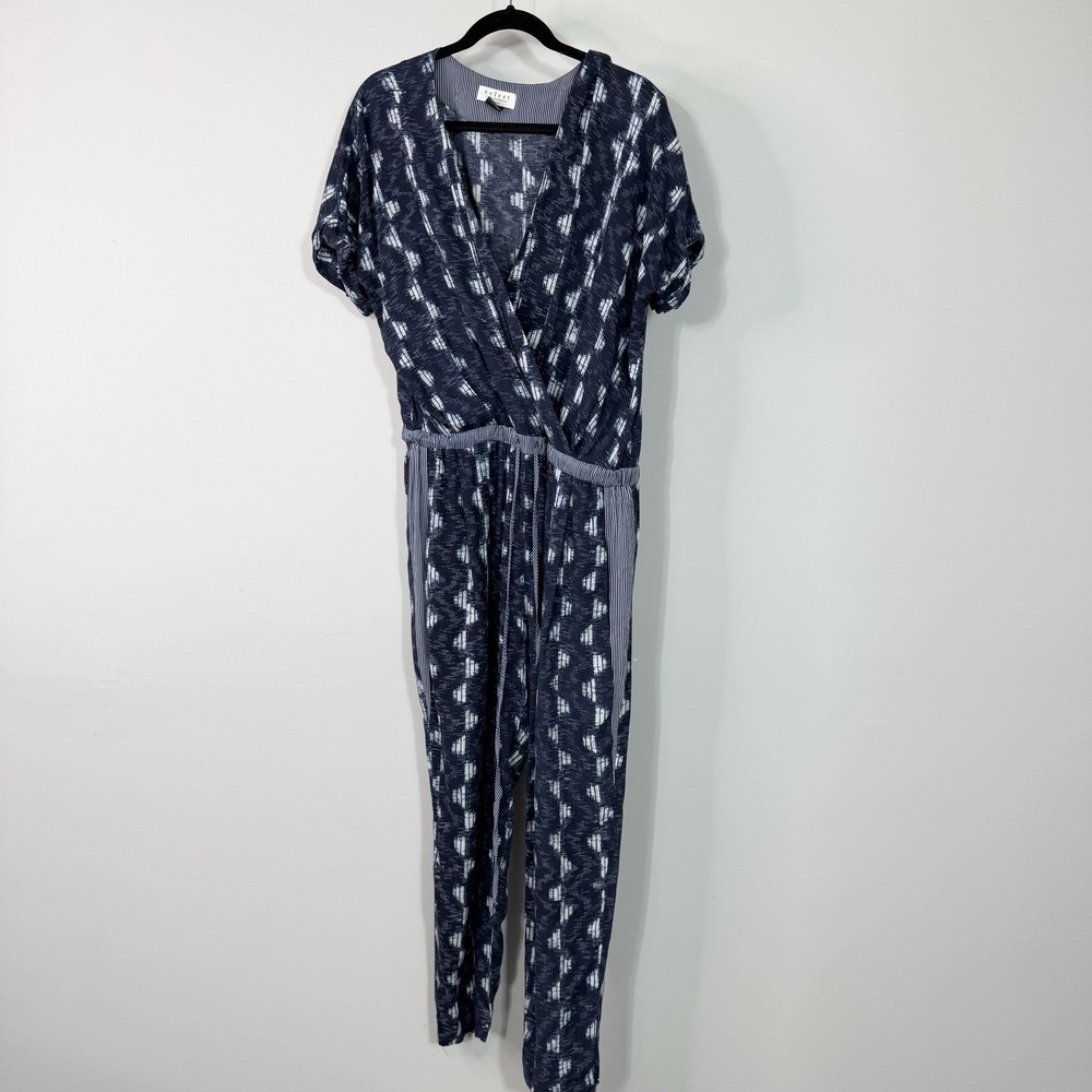 Velvet by Graham & Spencer Jumpsuit Womens Large Blue Ikat Wrap Tie Waist Rayon